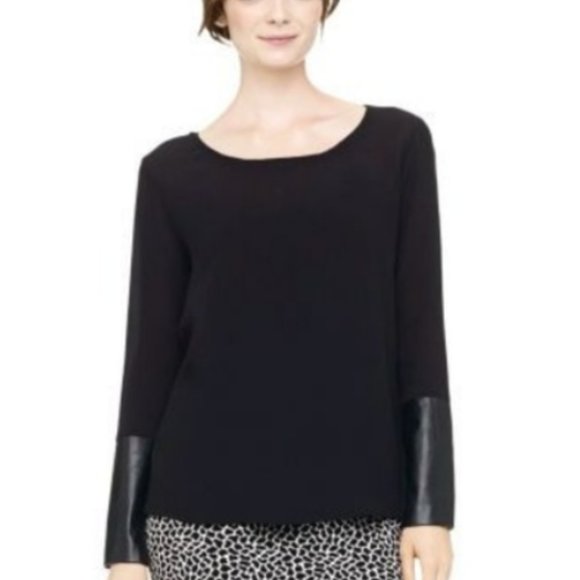 Club Monaco Silk Blouse Leather cuffs Black top cozy, long sleeves cute top - Picture 2 of 3
